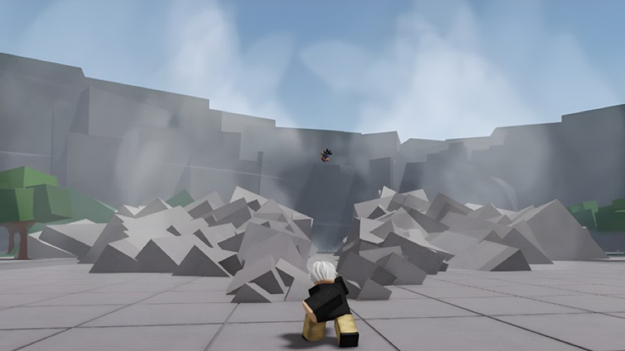 Fighter standing amid shattered concrete debris in the arena