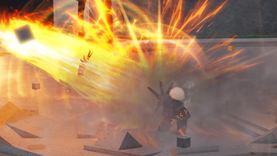 Large fiery beam attack exploding across the arena